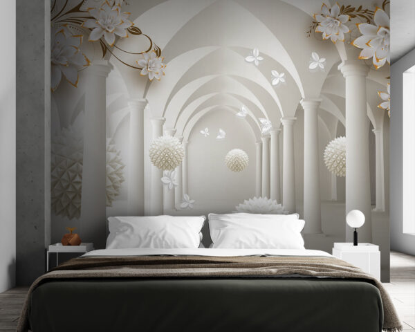Elegant hall with floating floral spheres Wall murals Elegant hall with floating floral spheres