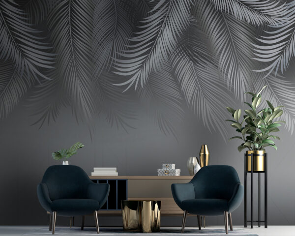 Silver palm leaves on gray background Wall murals Silver palm leaves on gray background
