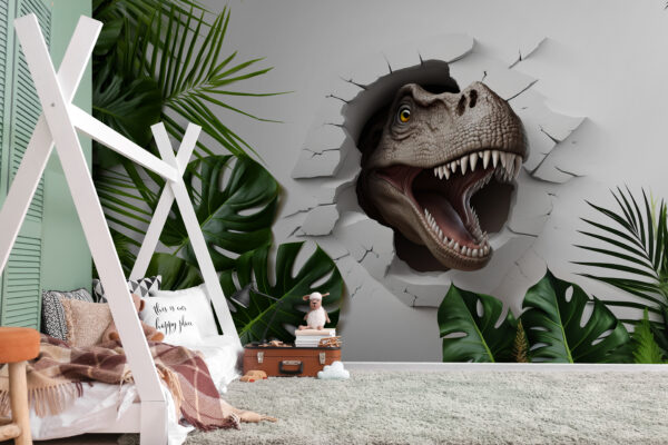 Dinosaur emerges through cracked wall Wall murals Dinosaur emerges through cracked wall