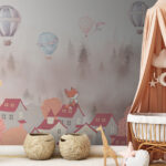 Wall murals Cartoon of a fox on a rooftop of a town with hot air balloons