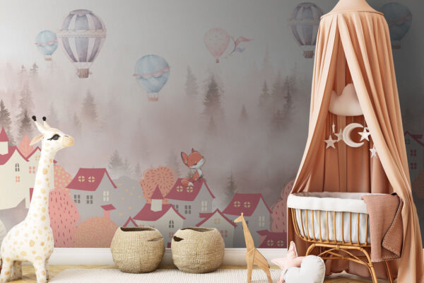 Cartoon of a fox on a rooftop of a town with hot air balloons Wall murals Cartoon of a fox on a rooftop of a town with hot air balloons