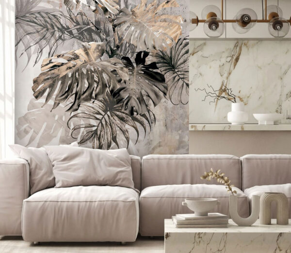 Abstract tropical leaves in grayscale Wall murals Abstract tropical leaves in grayscale