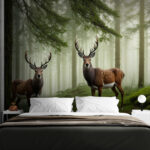 Wall murals Deer stand majestically in misty forest.