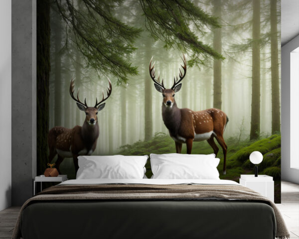 Deer stand majestically in misty forest Wall murals Deer stand majestically in misty forest