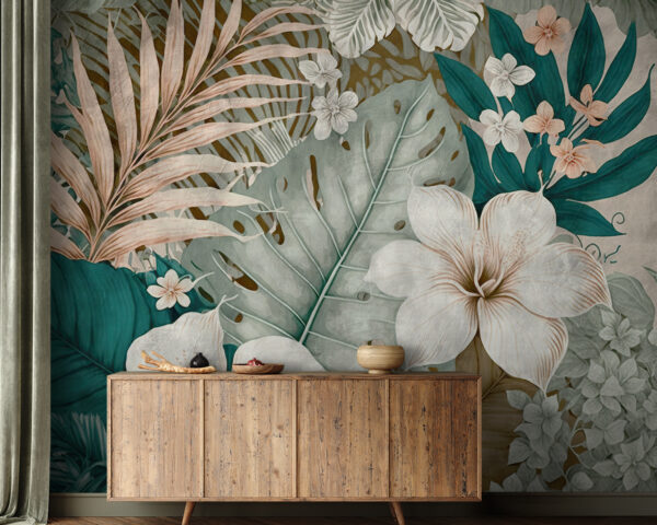 White flower with green leaves Wall murals White flower with green leaves