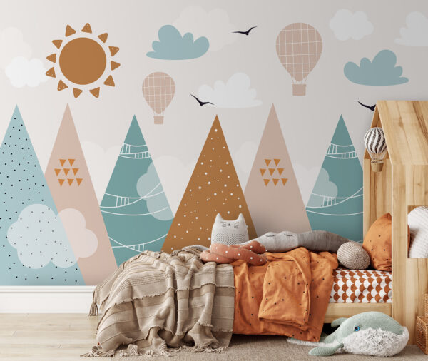 Mountains and balloons under sunny sky Wall murals Mountains and balloons under sunny sky