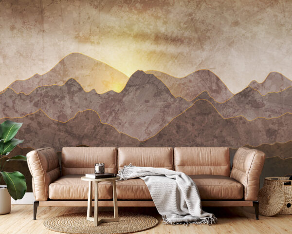 Painting of mountains with yellow lines Wall murals Painting of mountains with yellow lines