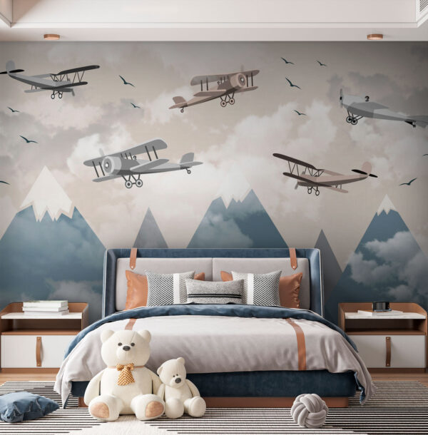 Biplanes soaring above snowy peaks Wall murals Biplanes soaring above snowy peaks
