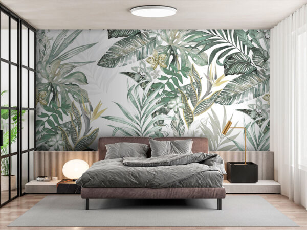 Wall murals Wall murals Tropical leaves with delicate flowers (SKU: u94199)
