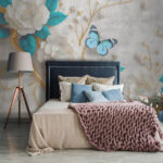 Wall murals Wallpaper with butterflies and flowers