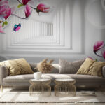 Wall murals Pink blossoms with butterflies and water.