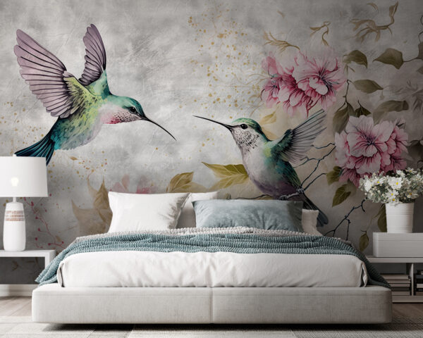Hummingbirds dance among delicate flowers Wall murals Hummingbirds dance among delicate flowers
