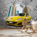 Wall murals Sport car bursts through brick wall.