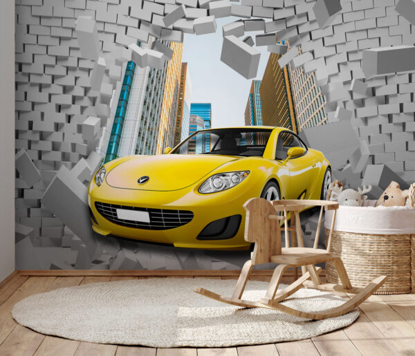 Sport car bursts through brick wall Wall murals Sport car bursts through brick wall
