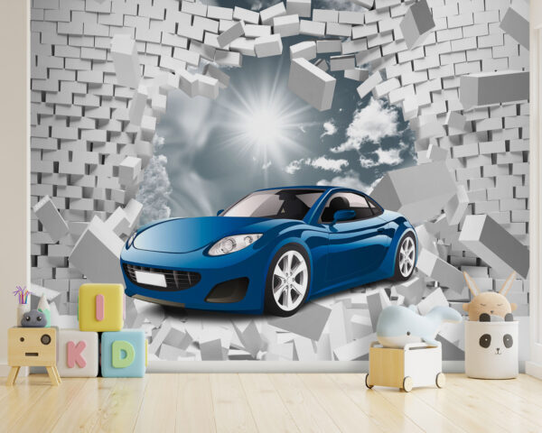Blue car bursts through brick wall Wall murals Blue car bursts through brick wall