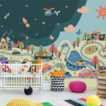 Wall murals Cartoon of a helicopter and rocket in the sky