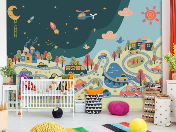 Cartoon of a helicopter and rocket in the sky Wall murals Cartoon of a helicopter and rocket in the sky