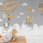 Wall murals Giraffe and penguin on a hot air balloon