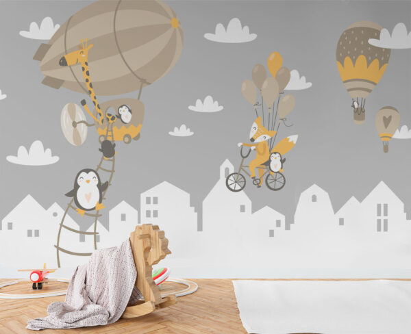 Giraffe and penguin on a hot air balloon Wall murals Giraffe and penguin on a hot air balloon