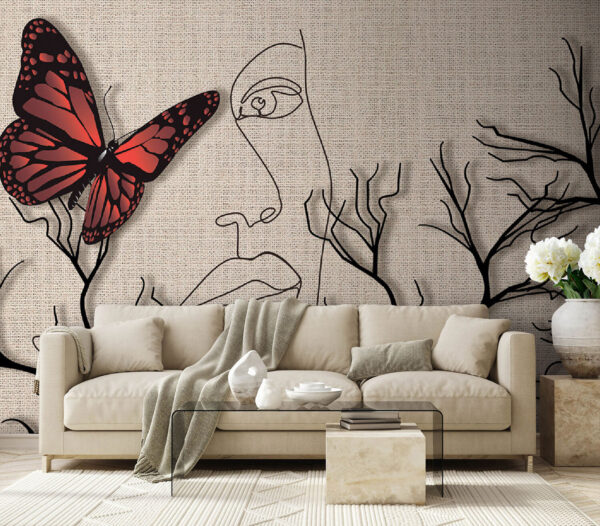 Butterfly and a drawing of a woman’s face Wall murals Butterfly and a drawing of a woman’s face