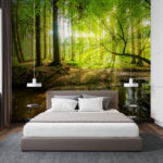 Wall murals Forest with trees and sun shining through the trees