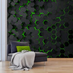 Wall murals Black hexagons with green light