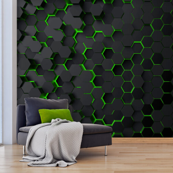 Wall murals Wall murals Black hexagons with green light (SKU: u93618v1)