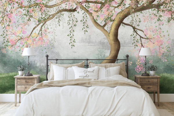 Serene blossoms frame tranquil landscape Wall murals Serene blossoms frame tranquil landscape