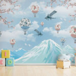 Wall murals Mountain with hot air balloons and birds