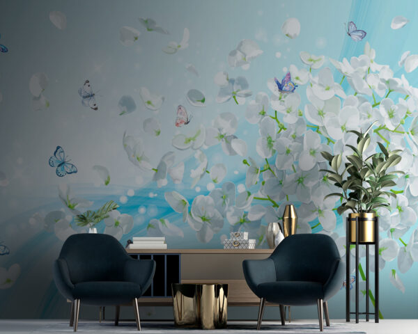 White flowers with butterflies flying Wall murals White flowers with butterflies flying