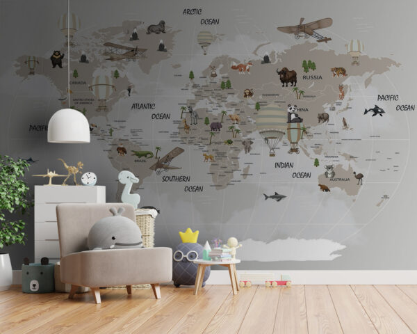 Map of the world with animals Wall murals Map of the world with animals