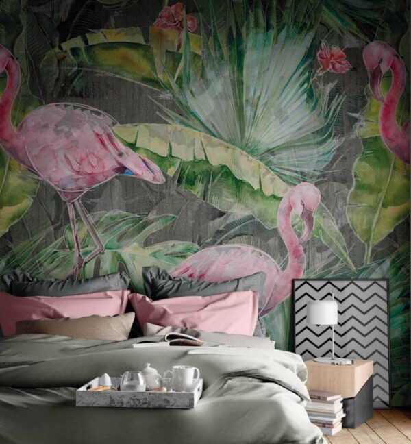 Pink flamingo and green leaves Wall murals Pink flamingo and green leaves