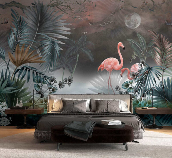 Flamingos in serene tropical paradise Wall murals Flamingos in serene tropical paradise