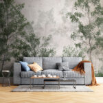 Wall murals Misty forest with green foliage