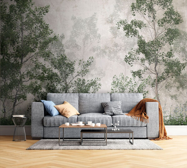 Misty forest with green foliage Wall murals Misty forest with green foliage