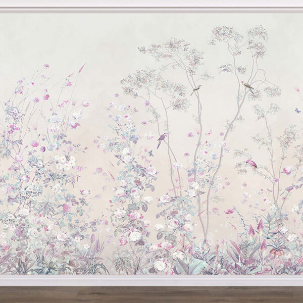 Pastel flowers and birds in harmony Wall murals Pastel flowers and birds in harmony