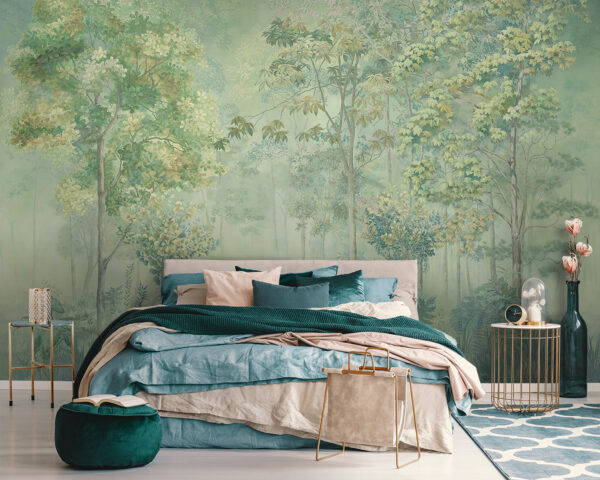 Wall murals Painting of a tree in a foggy forest