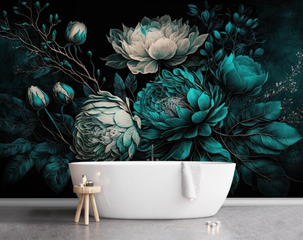 Vibrant flowers blossom in teal hues Wall murals Vibrant flowers blossom in teal hues