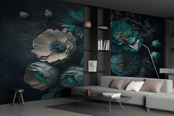 Wall murals Floral elegance in soothing teal shades (SKU: u75405) Wall murals Wall murals Floral elegance in soothing teal shades (SKU: u75405)