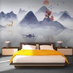 Wall murals Painting of a boat on a mountain with trees and mountains in the background