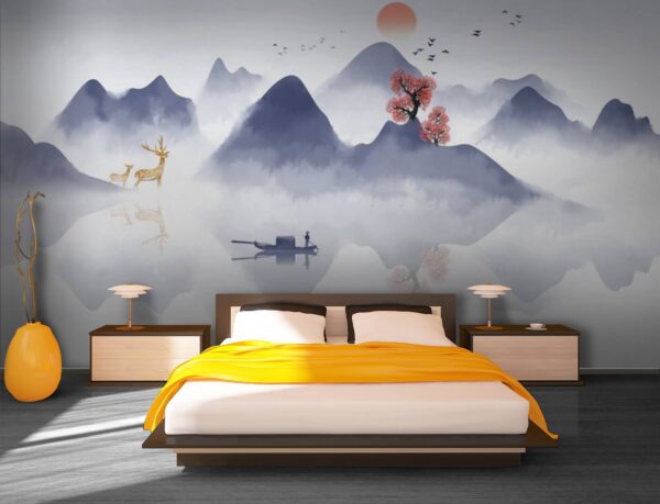Painting of a boat on a mountain with trees and mountains in the background Wall murals Painting of a boat on a mountain with trees and mountains in the background