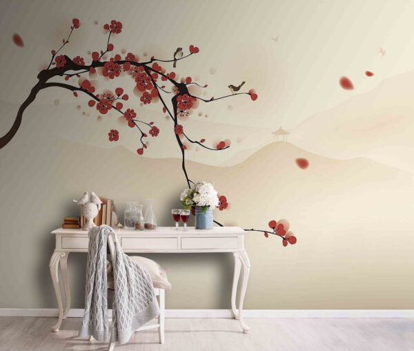 Red blossoms with distant landscape view Wall murals Red blossoms with distant landscape view
