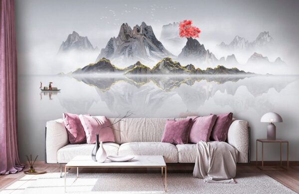 Mountain range with a red tree in the middle of the water Wall murals Mountain range with a red tree in the middle of the water
