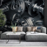 Wall murals Shiny metal machinery components assembly.