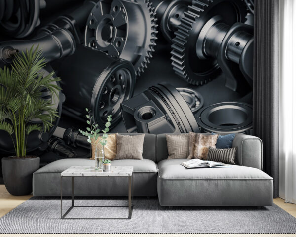 Shiny metal machinery components assembly Wall murals Shiny metal machinery components assembly