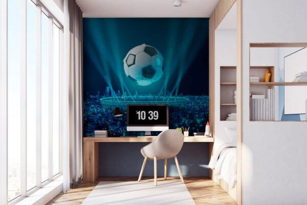 Floating soccer ball over illuminated city Wall murals Floating soccer ball over illuminated city