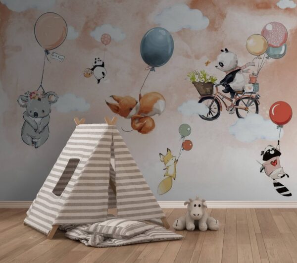 Cartoon animals flying with balloons Wall murals Cartoon animals flying with balloons