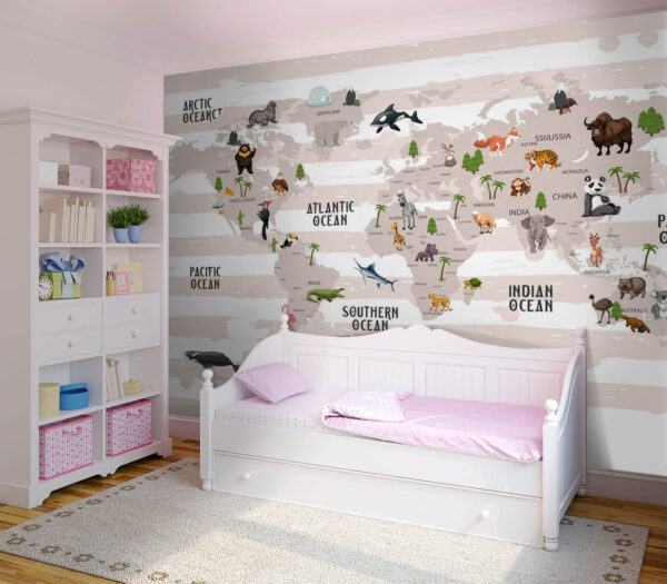 Map of the world with animals Wall murals Map of the world with animals