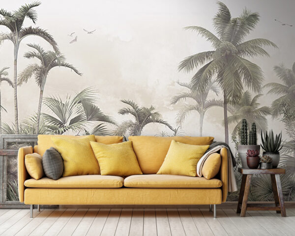 Palm trees and rocks in a foggy environment Wall murals Palm trees and rocks in a foggy environment