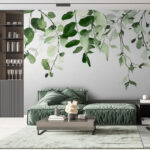 Wall murals Watercolor green leaves on white.